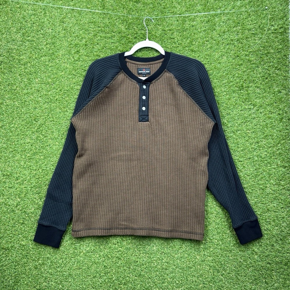 American Giant Thermal Henley Shirt Mens Medium Brown Waffle Long Sleeve Outdoor